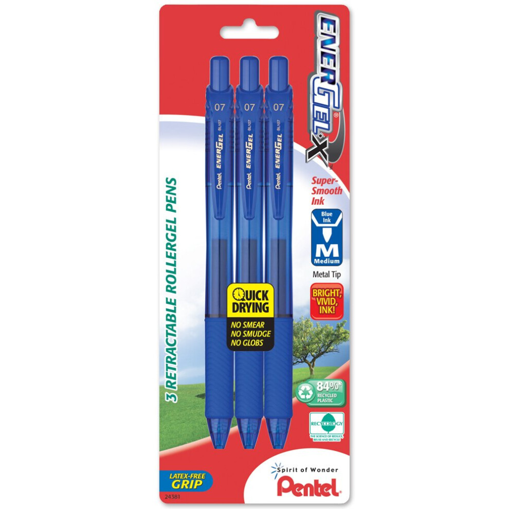 Pentel EnerGel-X Retractable Liquid Gel Pen  0.7mm  Medium Line  Metal Tip  Blue Ink  3 Pack (BL107BP3C)