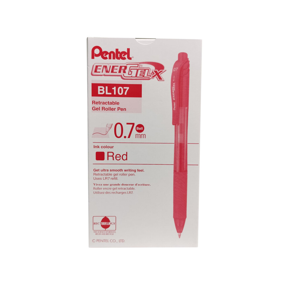 EnerGel Pentel Pentel -X Retractable Liquid Gel Pen (0.7mm) Metal Tip  Red Ink  Box of 12 (BL107-B)