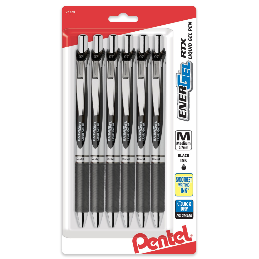 Pentel EnerGel RTX Retractable Liquid Gel Pen  (0.7mm)  Medium Line  Metal Tip  Black Ink  Pack of 6 (BL77BP6A)