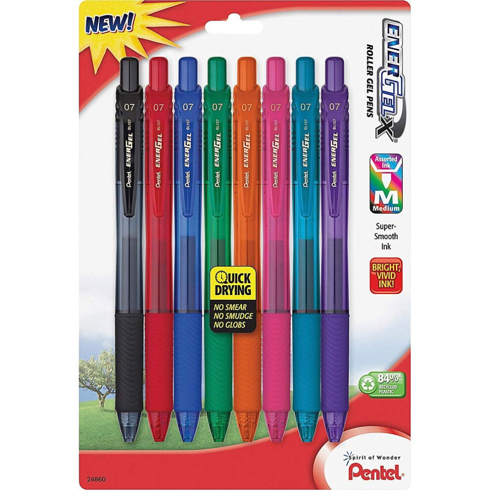 Pentel EnerGel-X Colors Retractable Liquid Gel Pen  0.7mm  Metal Tip  Assorted Ink  8 Count (Pack of 1)