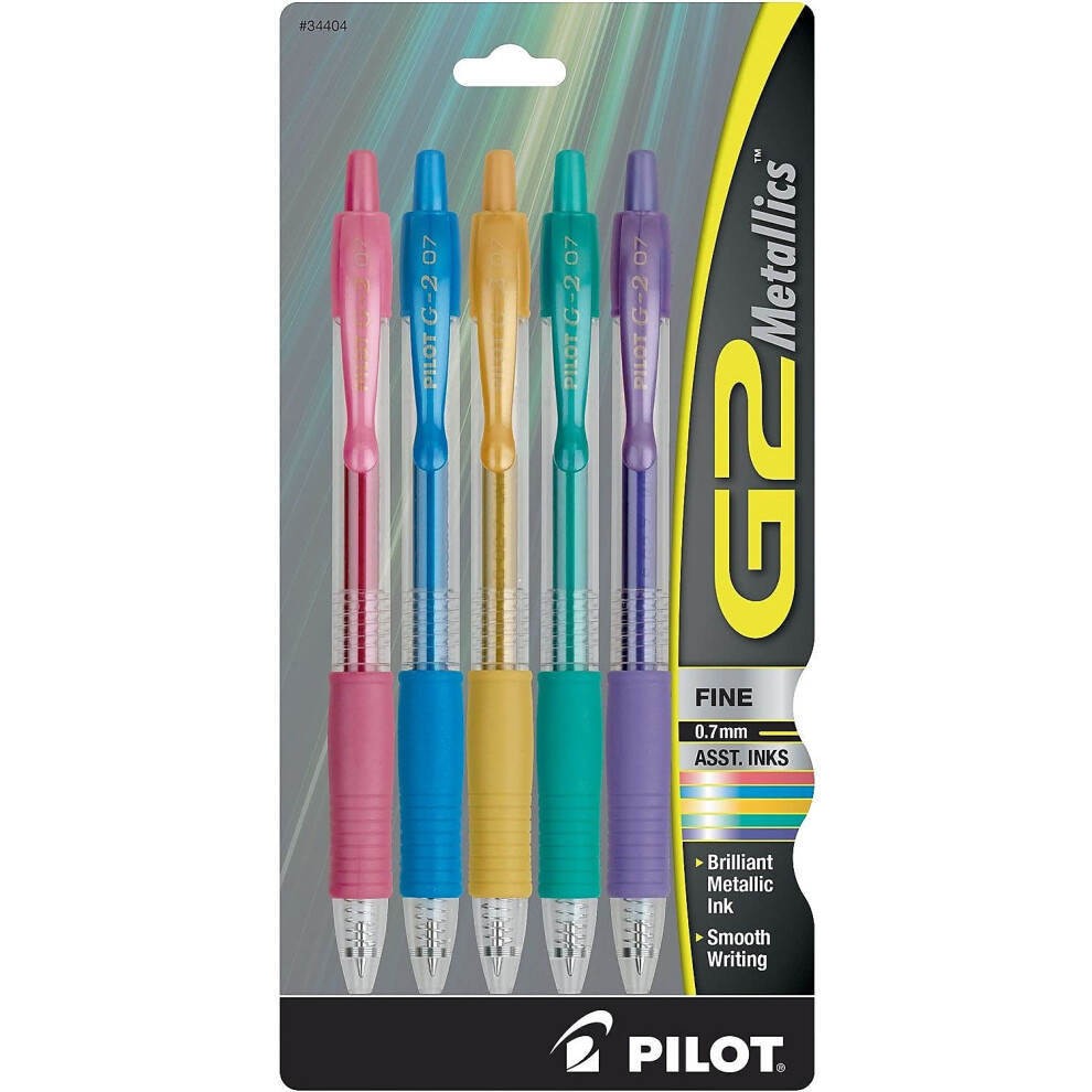 PILOT G2 Metallics Refillable and Retractable Rolling Ball Gel Pens  Fine Point  Assorted Color Inks  5-Pack (34404)