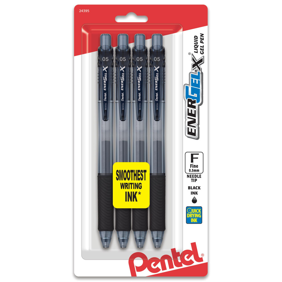 Pentel EnerGel-X Retractable Liquid Gel Pen  0.5mm  Fine Line  Needle Tip  Black Ink  4 Pack (BLN105BP4A)