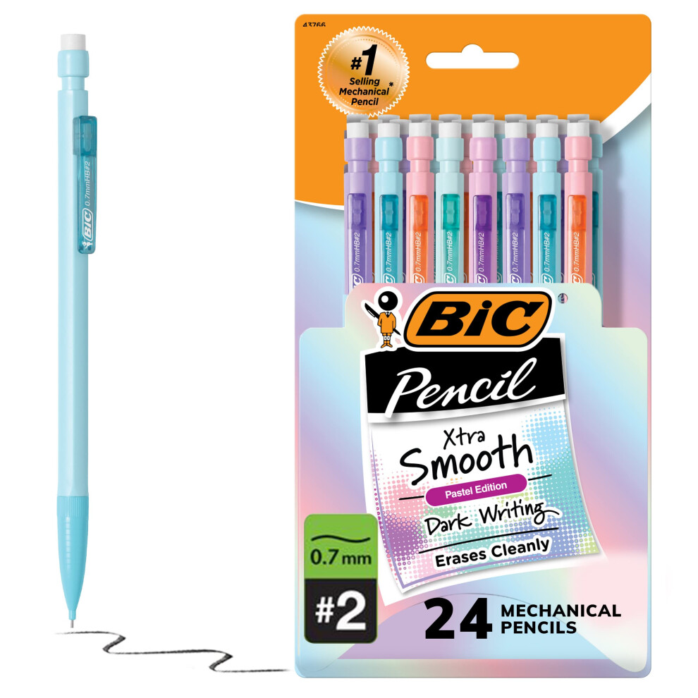 BIC Xtra-Smooth Pastel Mechanical Pencils with Erasers  Medium Point (0.7mm)  24-Count Pack  Bulk Mechanical Pencils for School or Office Su