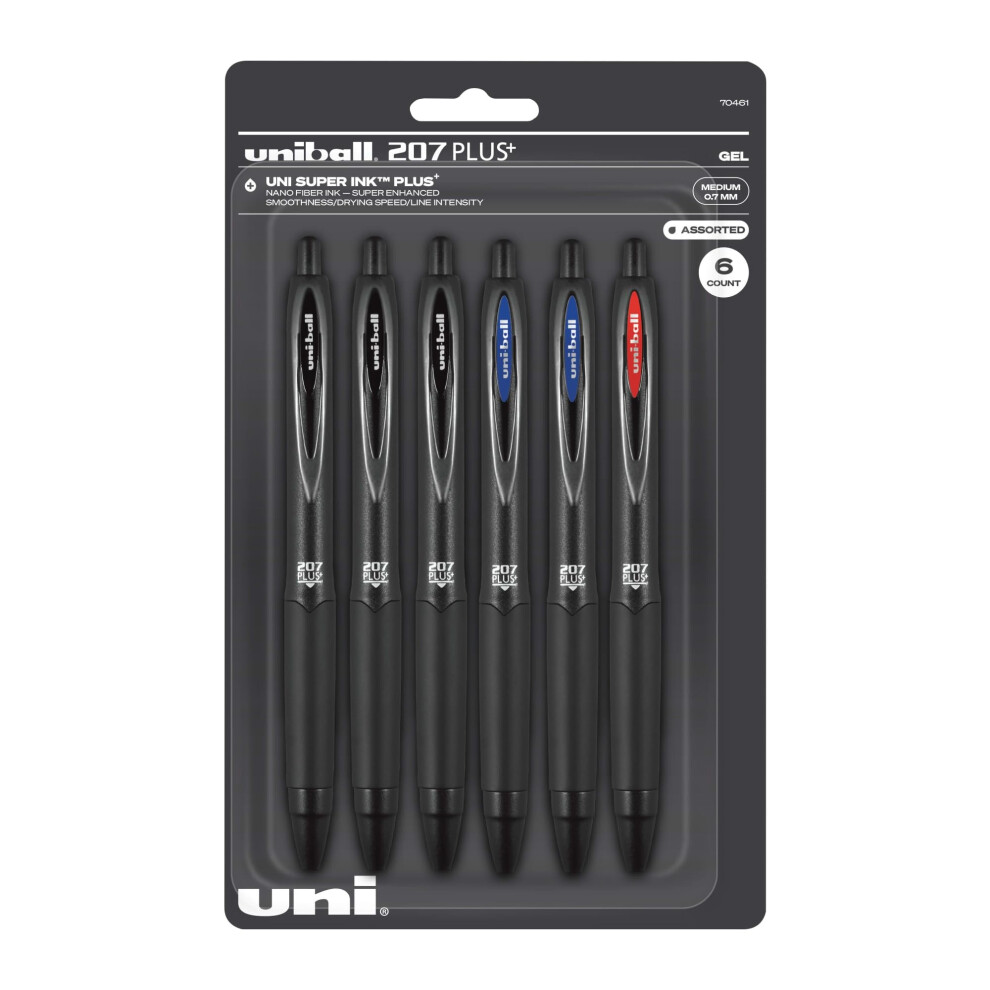 Uni-Ball 207 Plus+ Retractable Gel Pens  Medium Point  0.7 mm  Black Barrel  Black/Blue/Red Ink  Pack Of 6 Pens