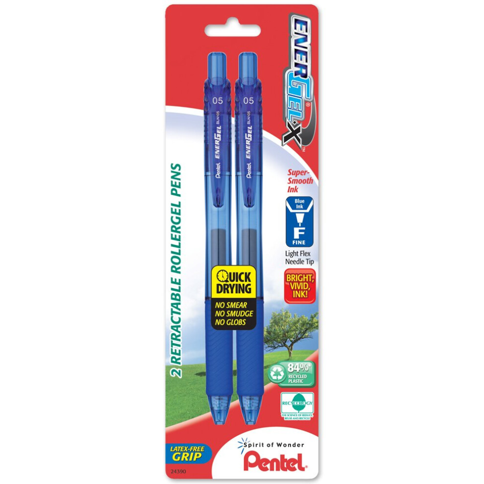 Pentel EnerGel-X Retractable Liquid Gel Pen 0.5mm  Needle Tip  Blue Ink (2 Pack) (BLN105BP2C)