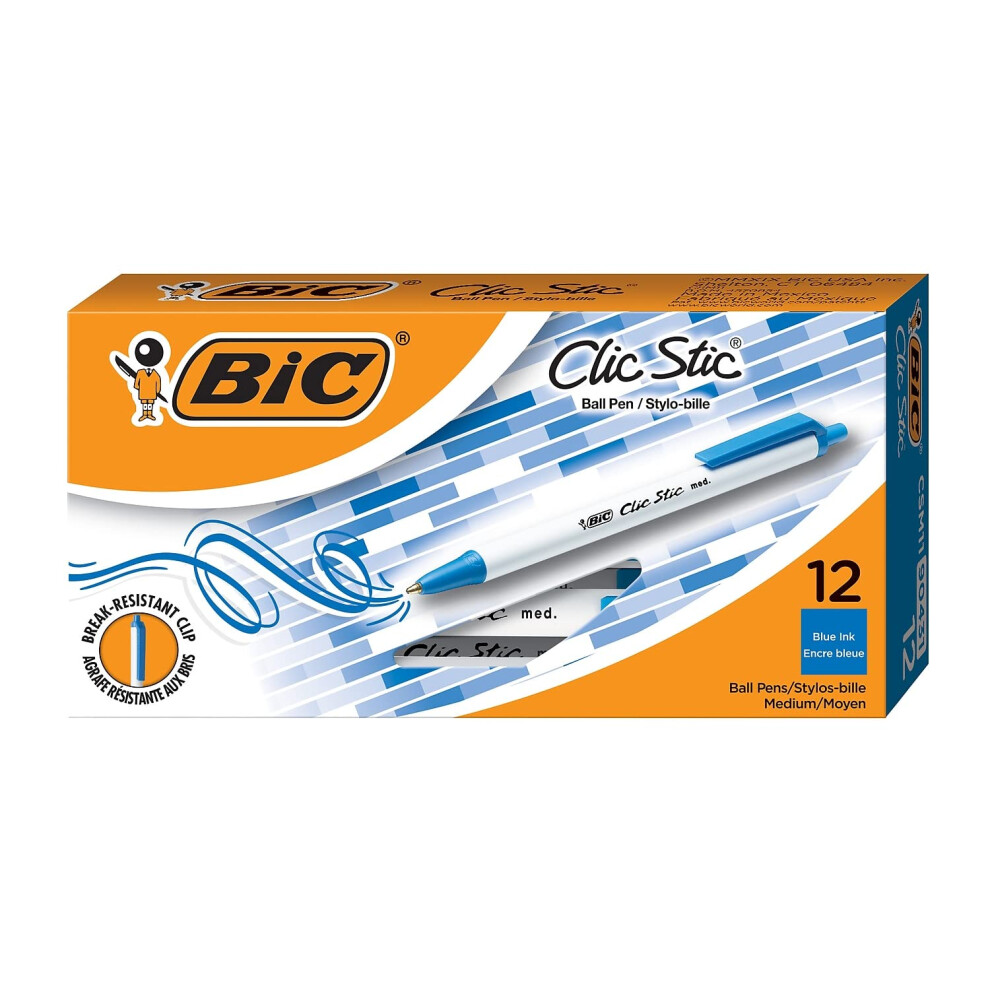 BIC Clic Stic Retractable Pens  Medium Point  1.0 mm  White Barrel  Blue Ink  Pack Of 12