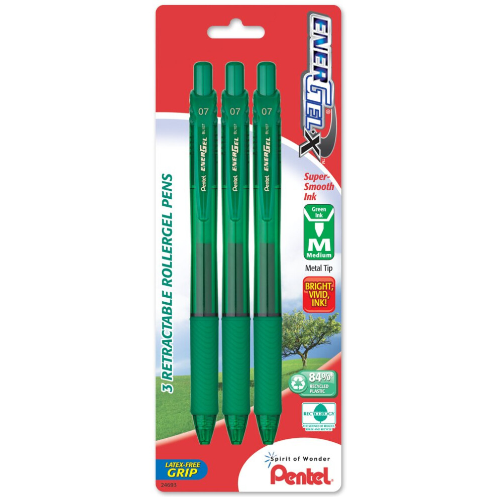 Pentel EnerGel-X Retractable Liquid Gel Pen  (0.7mm)  Medium Line  Metal Tip  Green Ink  Pack of 3 (BL107BP3D)