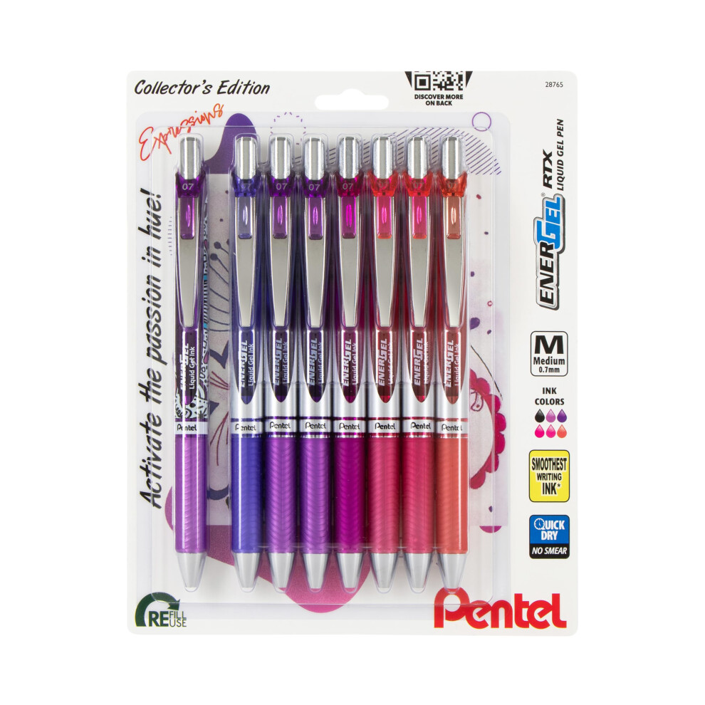 Pentel EnerGel RTX Retractable Liquid Gel Pen  Passion Expressions Pack  0.7mm  Metal Tip  Medium Line  Assorted Ink  Pack of 8 Pens (BL77XP