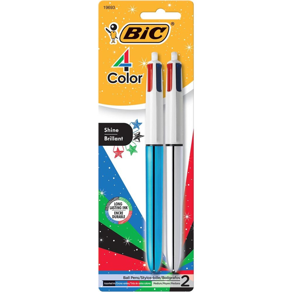 BIC 4-Color Shine Retractable Metallic Ball Pens  Medium Point (1.0mm)  2-Count Pack  Retractable Ball Pen With Long-Lasting Ink