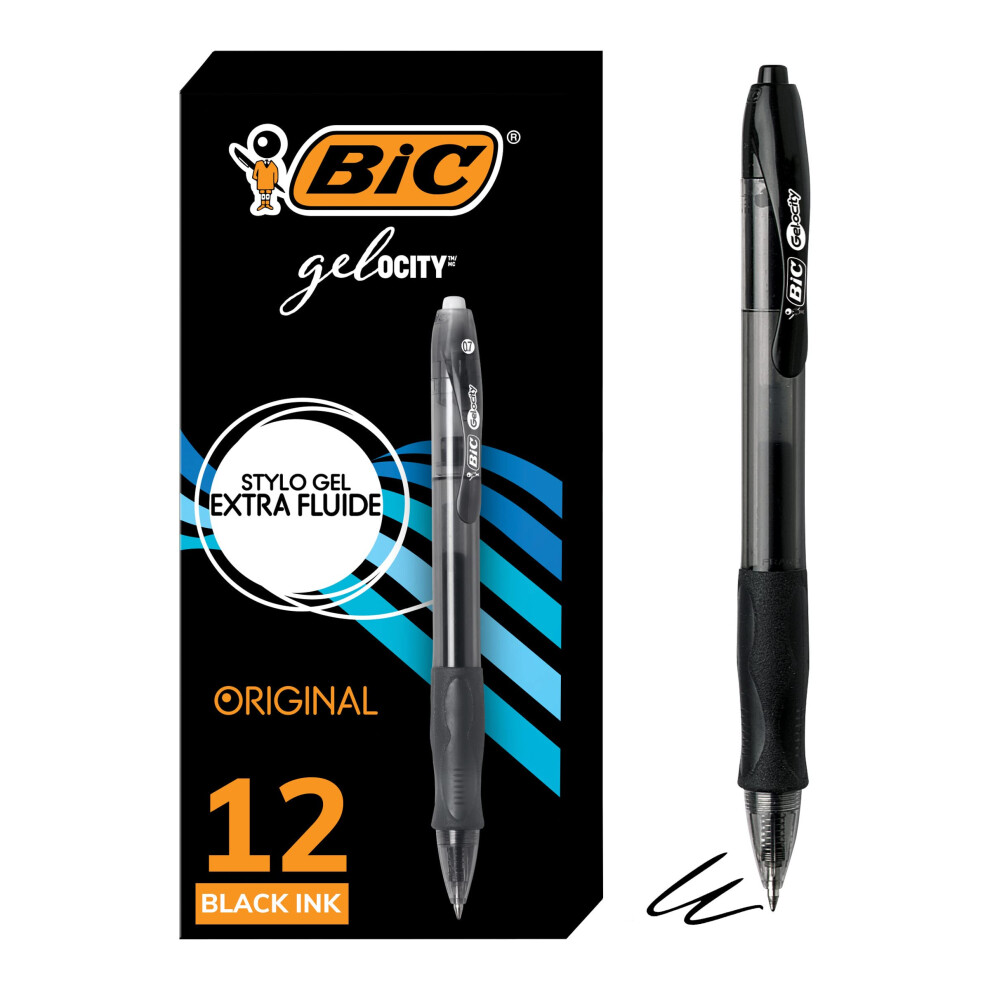 BIC Gel-ocity Original Black Gel Pens  Medium Point (0.7mm)  12-Count Pack  Retractable Gel Pens With Comfortable Grip