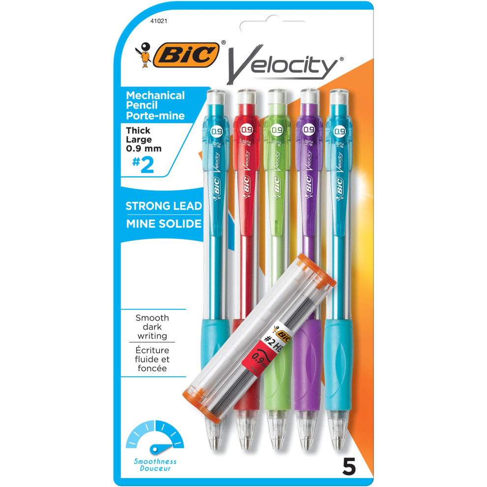 BIC Velocity Strong Lead Mechanical Pencils  With Colorful Barrel  Thick Point (0.9mm)  5-Count Pack Mechanical Pencils With Erasers