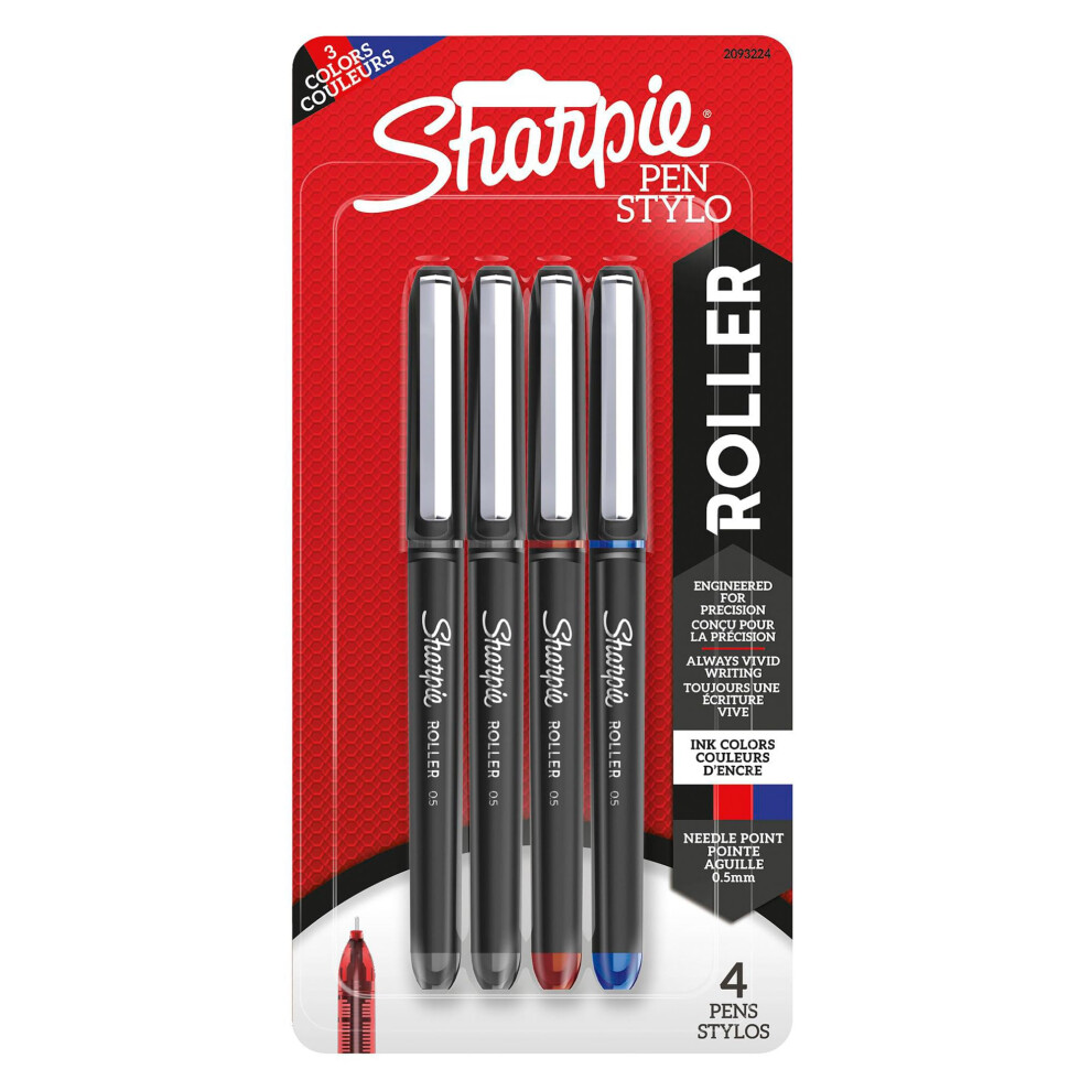 SHARPIE Rollerball Pen  Needle Point  0.5mm  Assorted Colors  Pack Of 4