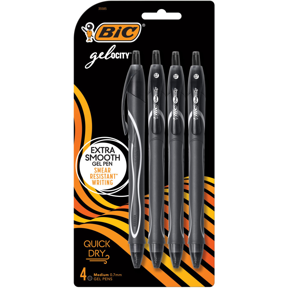 BIC Gelocity Quick Dry Black Gel Pens  Medium Point (0.7mm)  4-Count Pack  Retractable Gel Pens With Comfortable Full Grip