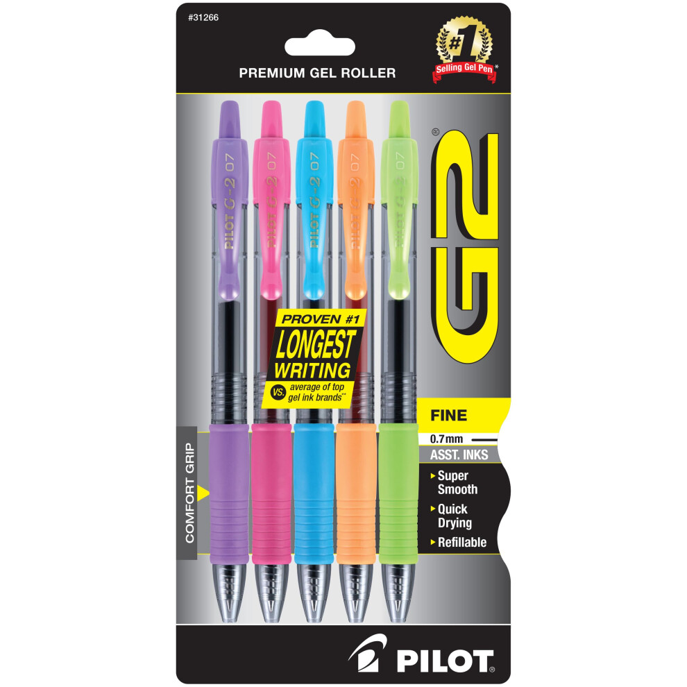 Pilot  G2 Premium Gel Roller Pens  Fine Point 0.7 mm  Assorted Colors  Pack of 5