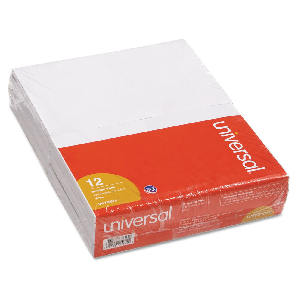 Universal 35615 Scratch Pads  Unruled  5 x 8  White  12 100 Sheet Pads/Pack