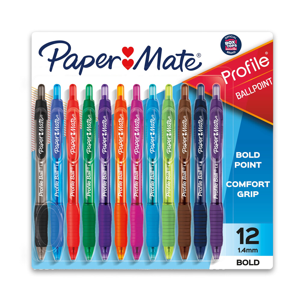 Paper Mate Profile Retractable Ballpoint Pens  Bold (1.4mm)  Assorted Colors  12 Count