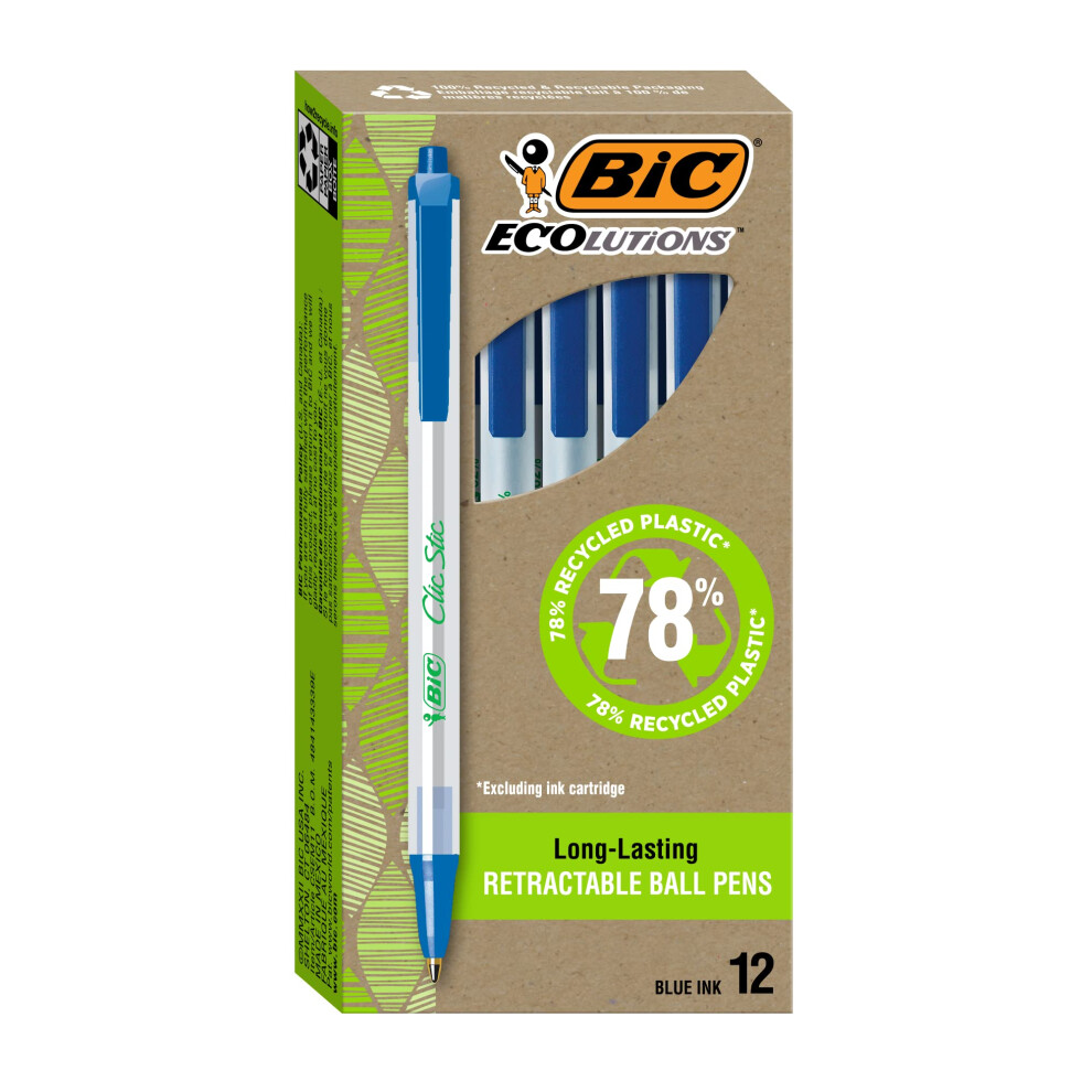 BIC Ecolutions Clic Stic Blue Ballpoint Pens  Medium Point (1.0mm)  12-Count Pack  Retractable Ball Point Pens Made from 78% Recycled Plasti