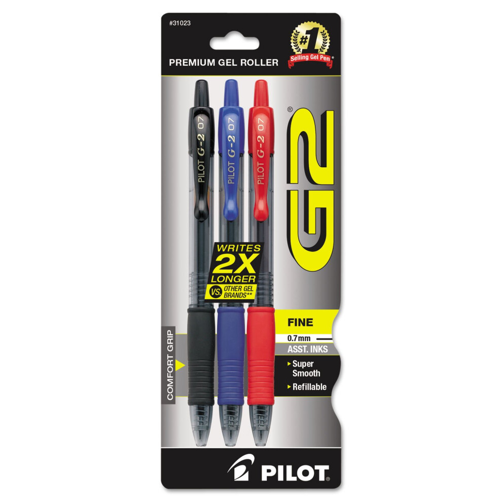 Pilot 31023 G2 Premium Retractable Gel Ink Pen  Refillable  Assorted Ink  .7mm  3/Pack