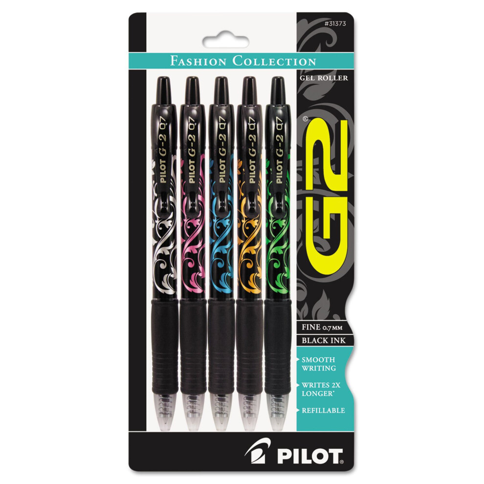 Pilot 31373 G2 Fashion Premium Retractable Gel Ink Pen  Black Ink/Asst. Barrels.7mm  5/Pack (PIL31373)