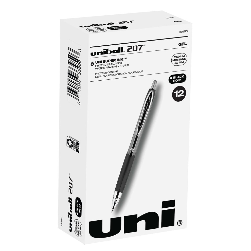 uni-ball 33950 Signo 207 Retractable Gel Pen  Black Ink  0.7mm  Dozen