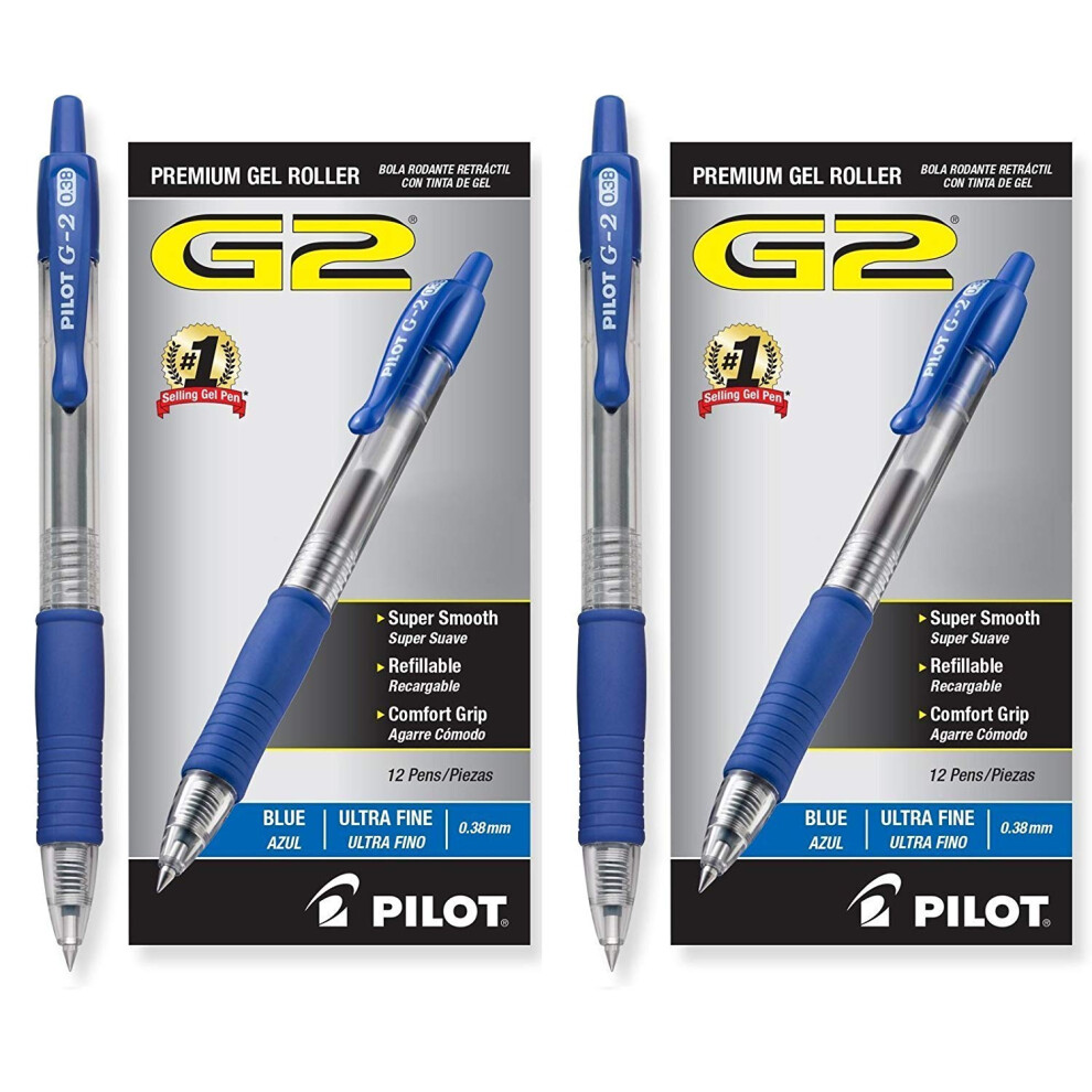 Pilot G2 Retractable Premium Gel Ink Roller Ball Pens  Ultra Fine  24 Pack  Blue