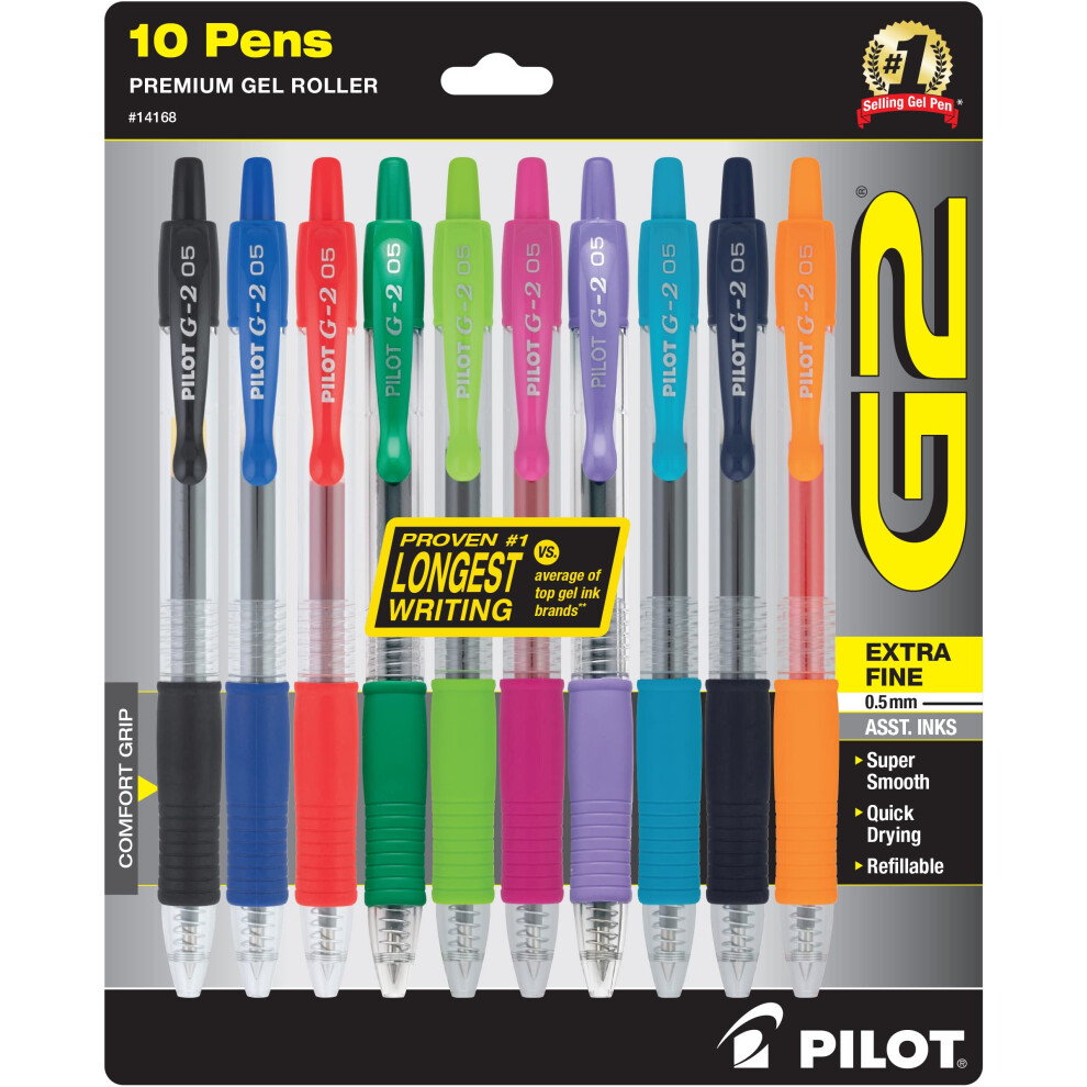 Pilot G2 Premium Retractable Gel-Ink Rolling Ball Pens  Extra Fine Point (0.5mm)  Assorted  10/Pk (14168)