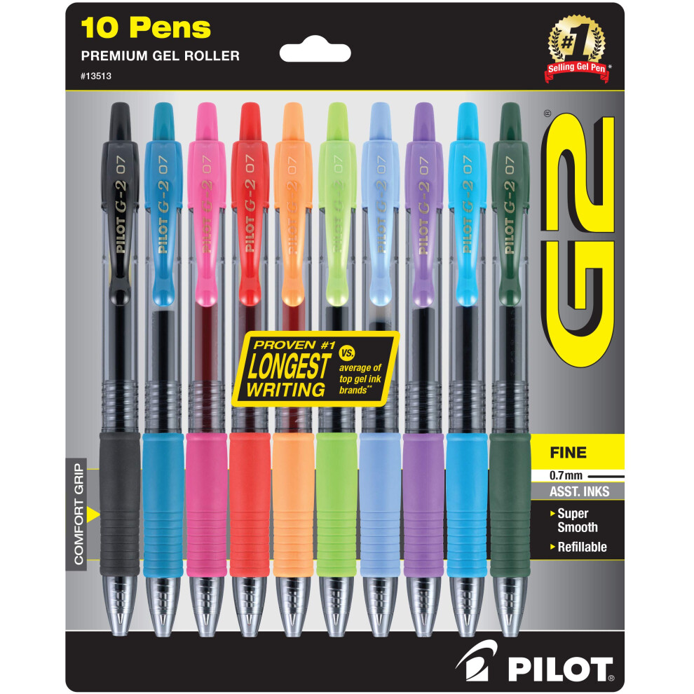 PILOT G2 Premium Retractable Gel-Ink Rolling Ball Pens  Fine Point (0.7 mm)  Assorted  10/Pk (13513)