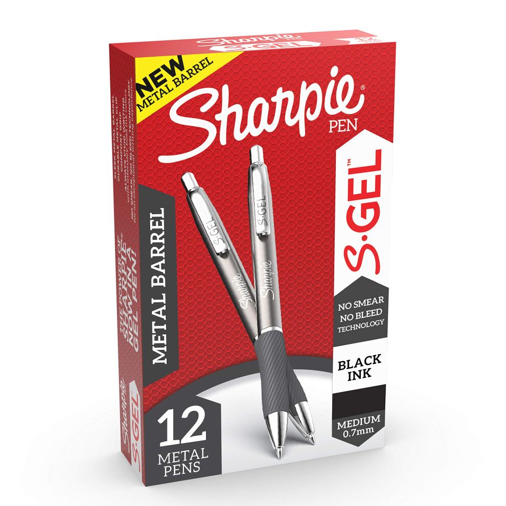 SHARPIE S-Gel  Gel Pens  Sleek Metal Barrel  Medium Point (0.7mm)  Black Ink  12 Count