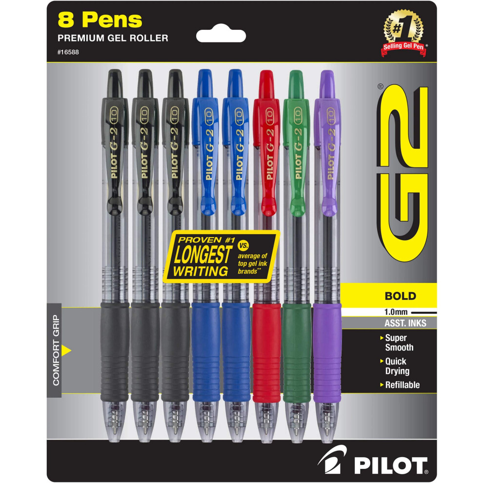 Pilot  G2 Premium Gel Roller Pens  Bold Point 1 mm  Pack of 8  Assorted Colors