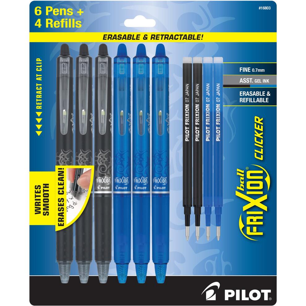 PILOT Frixion Erasable Pens - 6 Pack (3 Black & 3 Blue Ink Included) + 4 Bonus Refills - Frixion Clicker Retractable Gel Ink Pen - Fine Poin