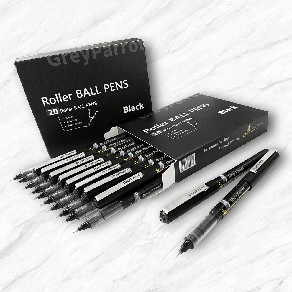 Grey Parrot Roller Ball Pen  0.5mm Liquid Ink Fine Line Pens for Writing Journaling Taking Notes for School Home Office  Black  20 Pens (Pac