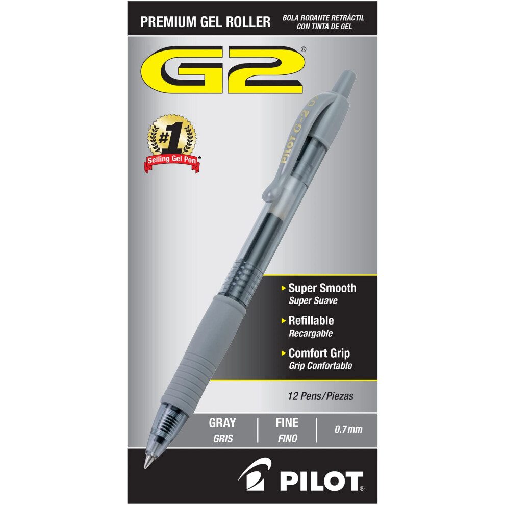 Pilot  G2 Premium Gel Roller Pens  Fine Point 0.7 mm  Gray  Pack of 12