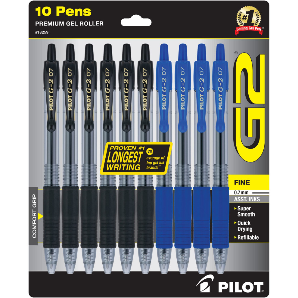 PILOT G2 Premium Refillable & Retractable Rolling Ball Gel Pens  0.7mm Fine Point  6 Black and 4 Blue Pens  10 Pack