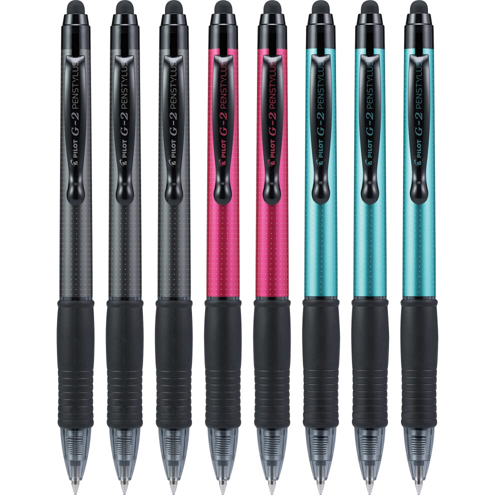 PILOT G2 Pen Stylus  Fine Point  Grey/Red/Turquoise Barrels  Black Ink  8 Count Box (17210)