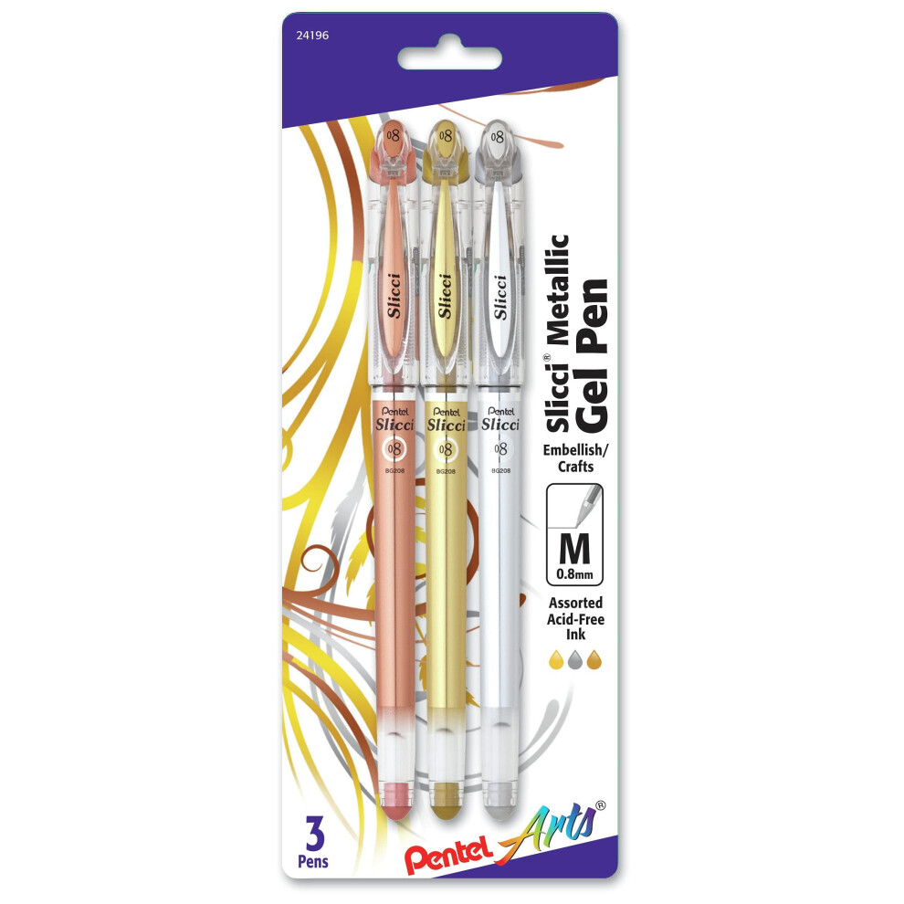 Pentel Arts Slicci Metallic 0.8 mm Needle Tip Gel Pen  Assorted Colors  3 Pack (BG208BP3M)