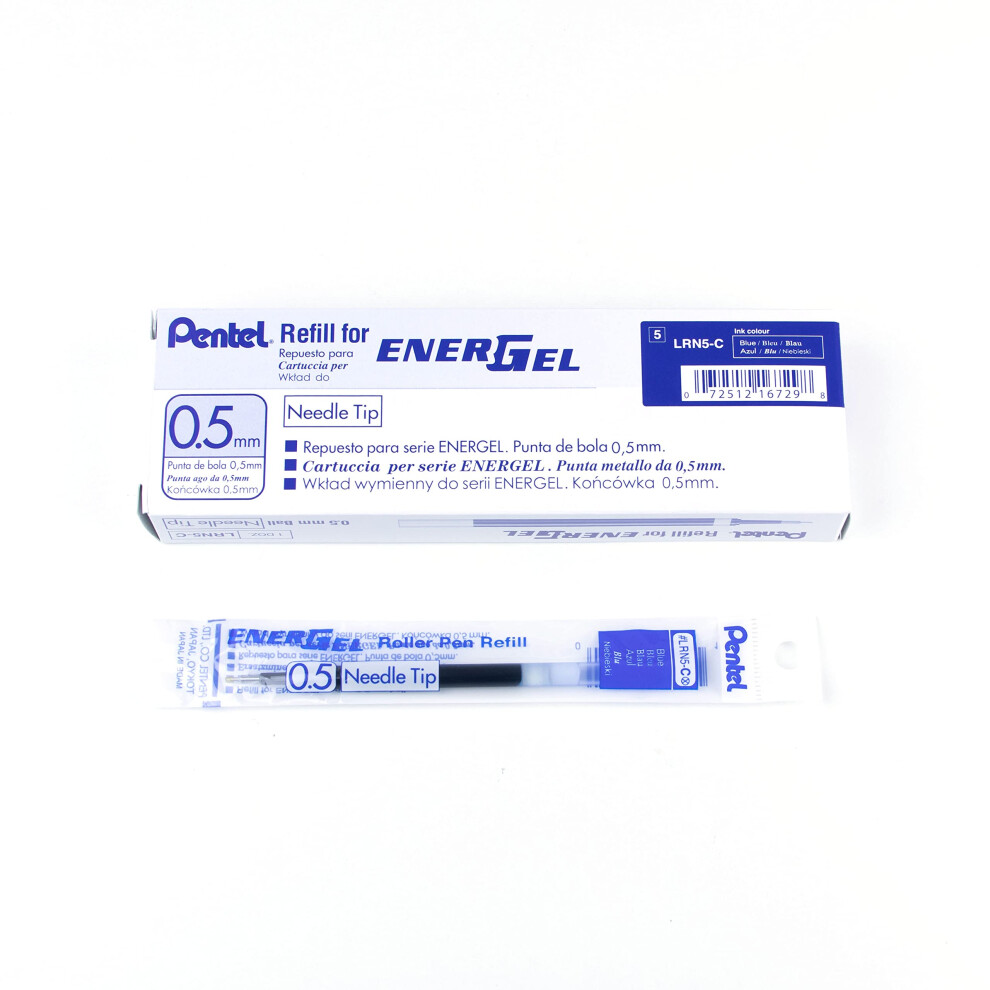 Pentel Refill Ink for EnerGel Liquid Gel Pen  0.5mm  Needle Tip  Blue Ink  Box of 12 (LRN5-C-12)