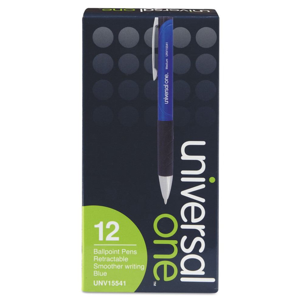 Universal UNV15541 1 mm Retractable Blue Barrel Comfort Grip Ballpoint Pen - Medium  Blue Ink (1 Dozen)