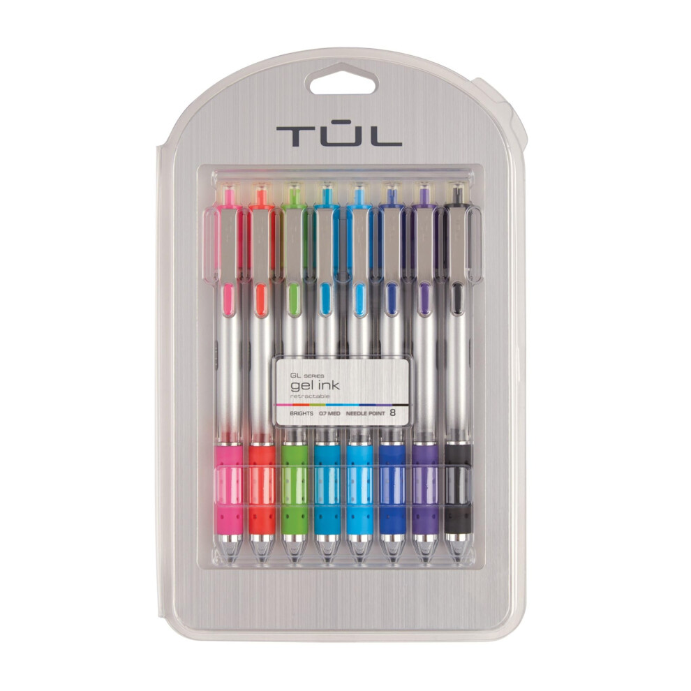 TUL Retractable Gel Pens  Needle Point  0.7 mm  Gray Barrel  Assorted Bright Ink Colors  Pack of 8