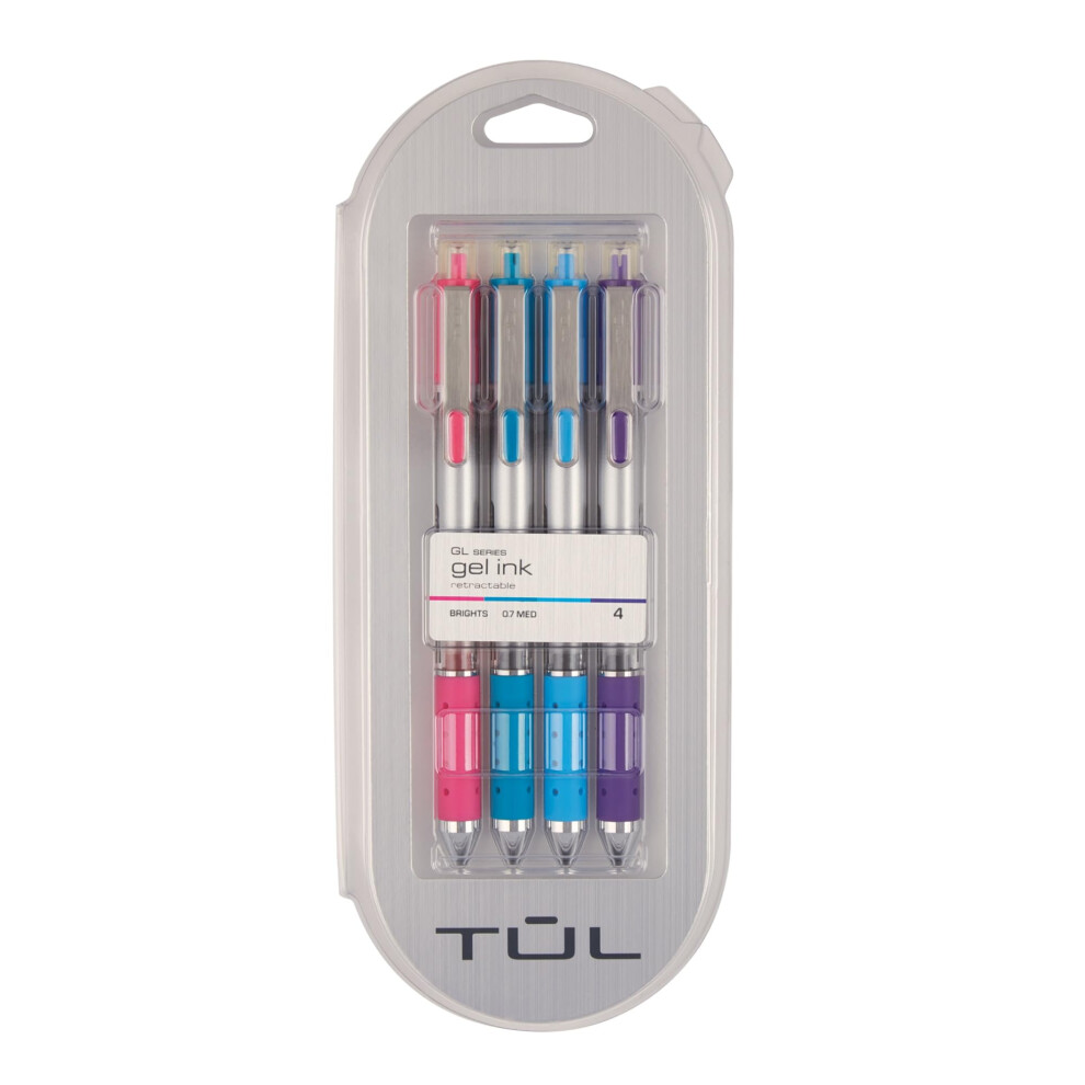 TUL GL Series Retractable Gel Pens  Medium Point  0.7 mm  Silver Barrel  Assorted Ink  Pack of 4