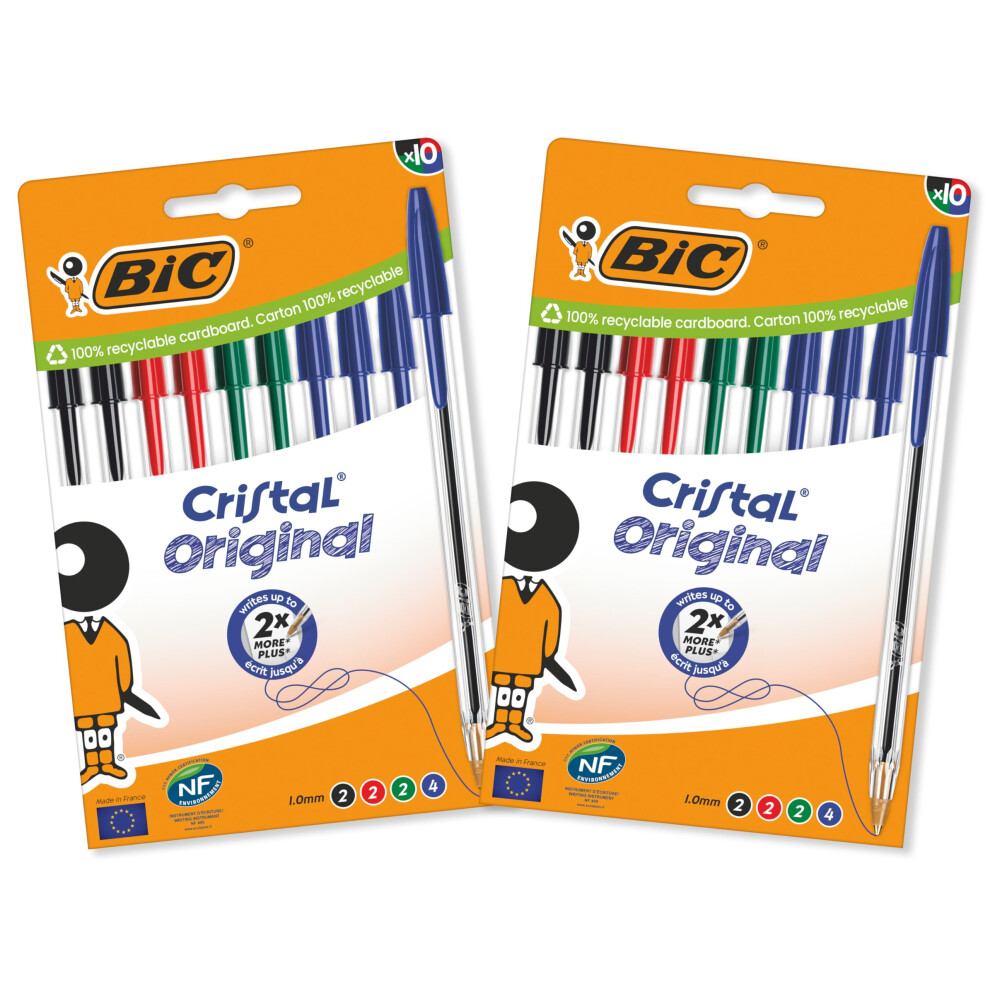 Bic Cristal Original Ballpoint Pens Medium Point (1.0 mm)  Assorted Colours  Pack of 2 Packs of 10