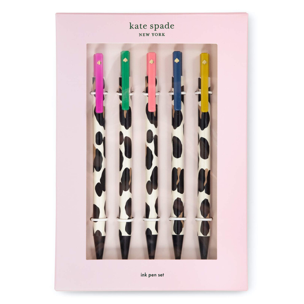 Kate Spade New York Black Ink Pen Set of 5  Cute Leopard Click Pens  Plastic Retractable Pens for Writing and Journaling  Forest Feline