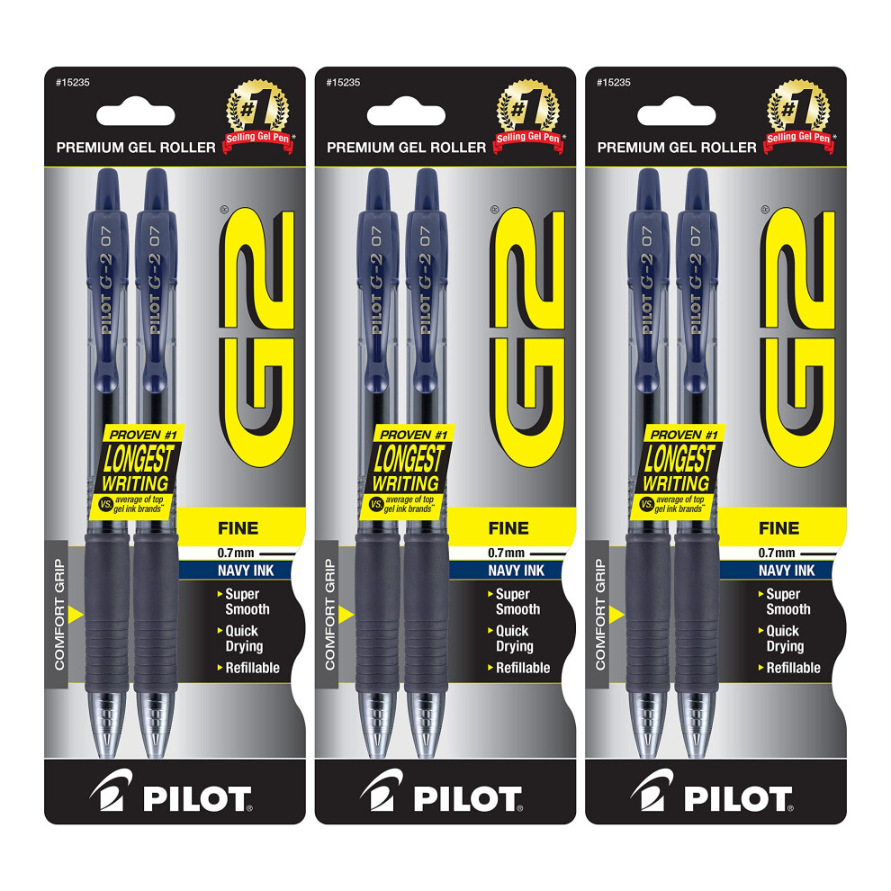 Pilot (3) G2 Premium Refillable & Retractable Rolling Ball Gel Pens  Fine Point (0.7mm)  Navy Ink  2-Pack (15235)