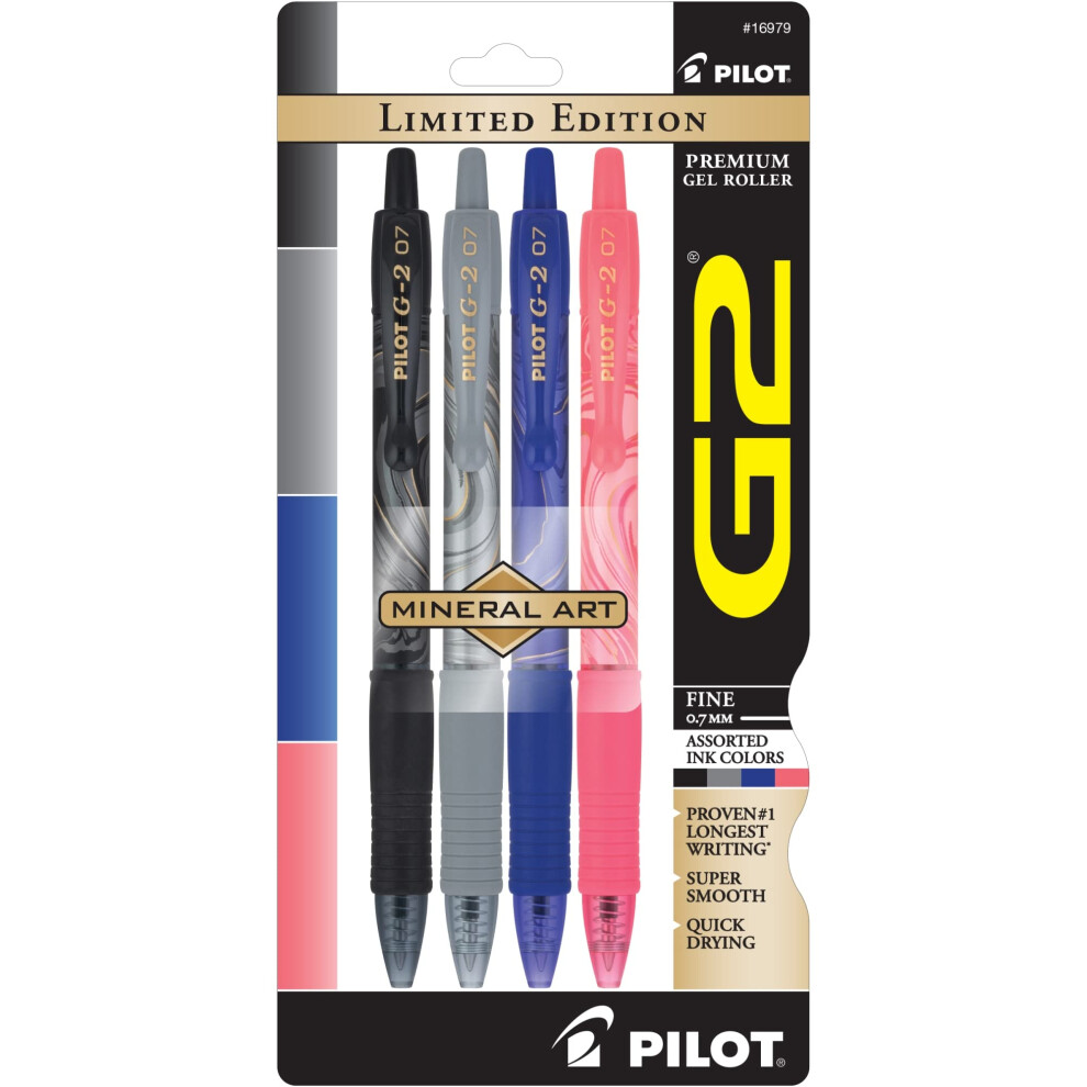 Pilot G2 Retractable Gel Pens  Fine Point  0.7 mm  Mineral Art Design Barrels  Assorted Ink  Pack of 4 Pens