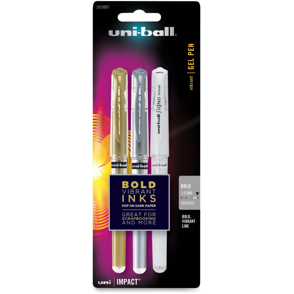 uni-ball Impact Gel Pens  Bold Point (1.0mm)  Assorted Metallic  3 Count