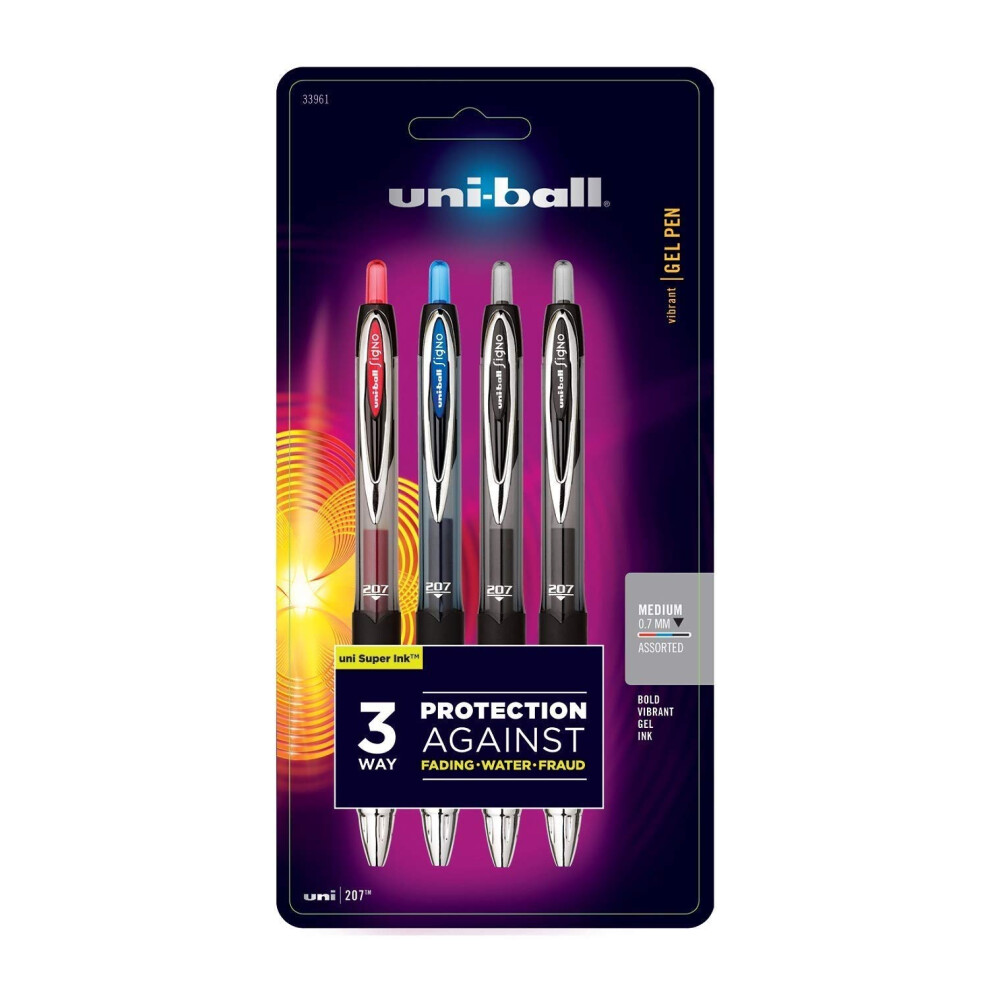 uni-ball 207 Retractable Fraud Prevention Gel Pens  Medium Point  0.7 mm  Black Barrels  Assorted Ink Colors  Pack of 4