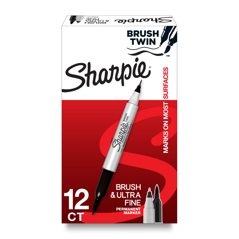 SHARPIE Brush Twin Permanent Marker  Brush Tip Marker and Ultra Fine Tip Marker  Black  12 Count