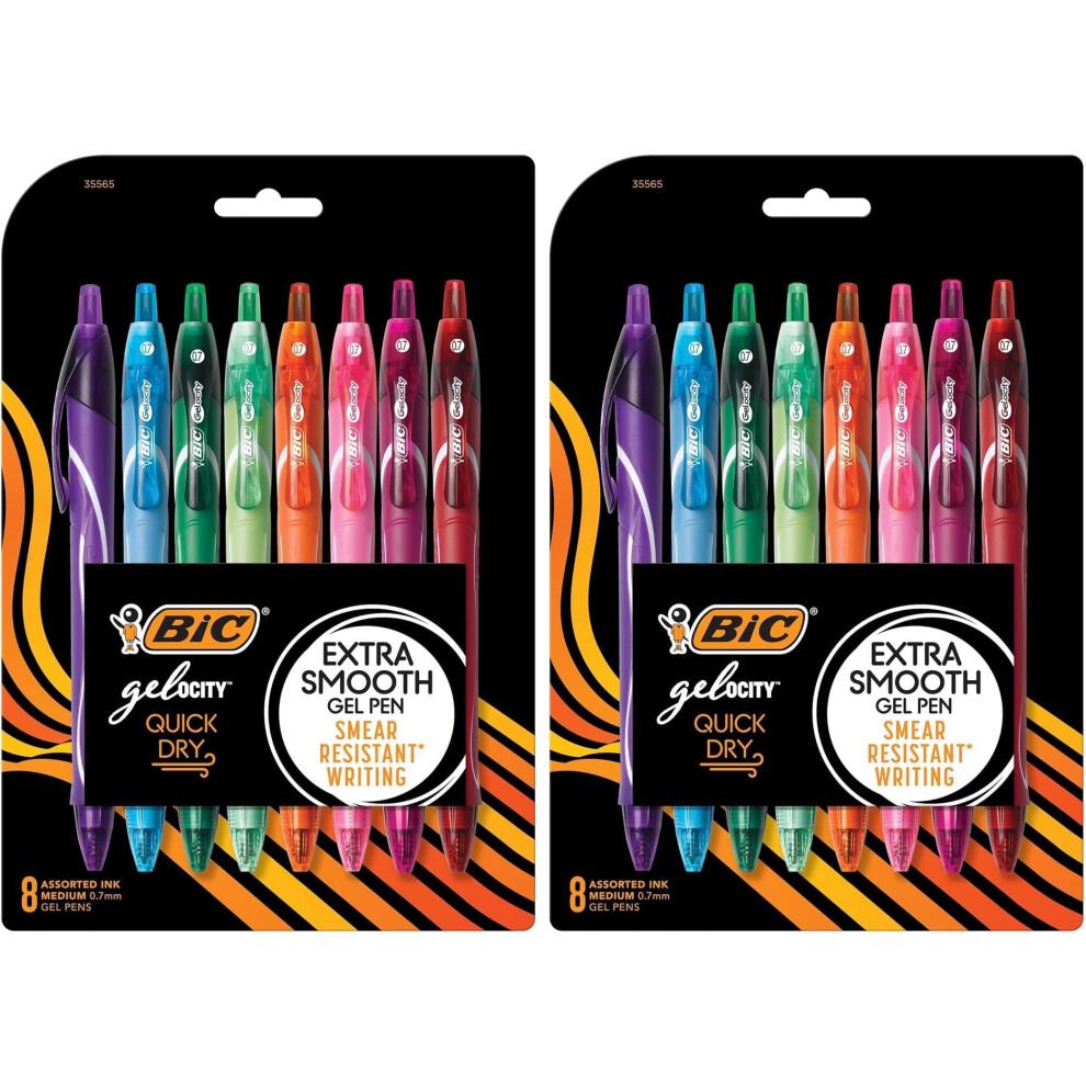 BIC Gel-ocity Quick Dry Fashion Retractable Gel Pens  Medium Point (0.7mm)  8-Count Colored Pens With Full-Length Grip  Colors and Packaging