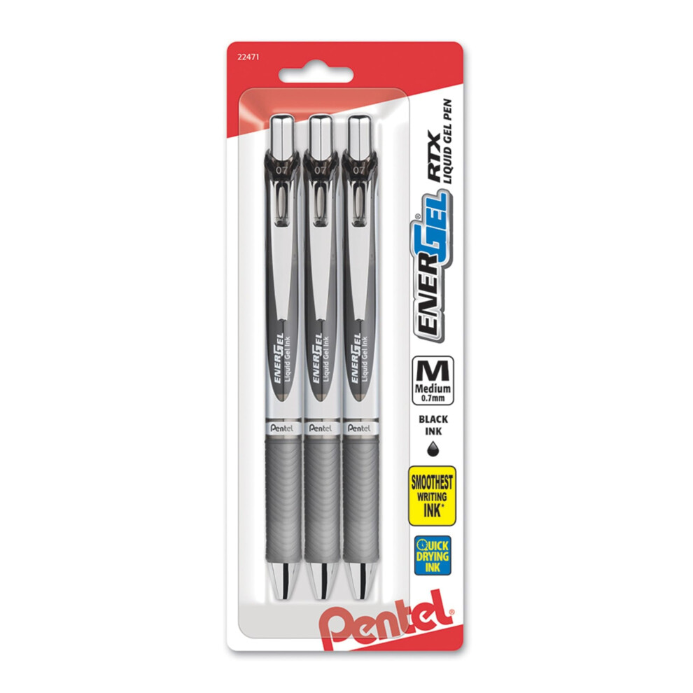 Pentel Energel Deluxe RTX Gel Pens  Medium Point  0.7 mm  Assorted Barrels  Black Ink  Pack of 3