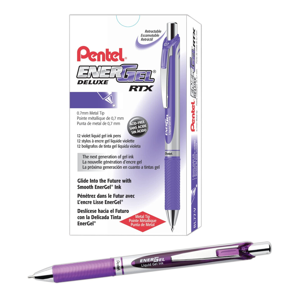 Pentel EnerGel Retractable Liquid Gel Pens  Medium Point  0.7 mm  Silver Barrel  Violet Ink  Pack Of 12