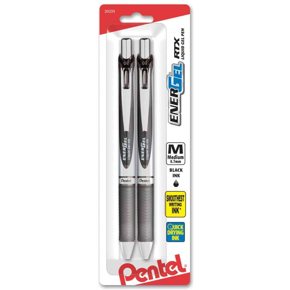 Pentel EnerGel RTX Retractable Liquid Gel Pen  (0.7mm)  Medium Line  Metal Tip  Black Ink  Pack of 2 (BL77BP2A)